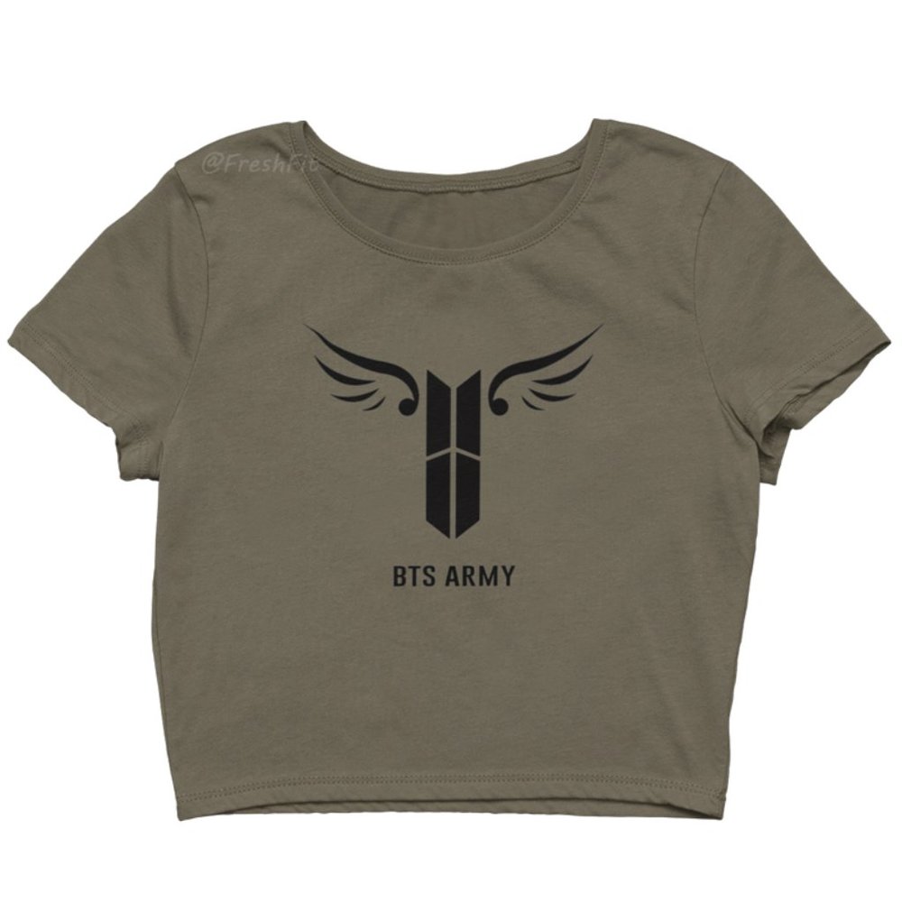🆕BTS Army Wings Logo Fitted Crop Top Tee Olive